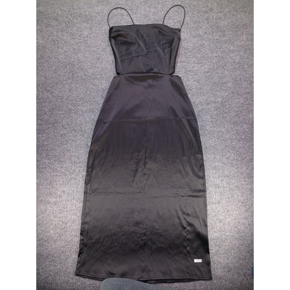 Women's Black Satin Maxi Dress Cutout Waist Spaghetti Strap Open Back Formal XS